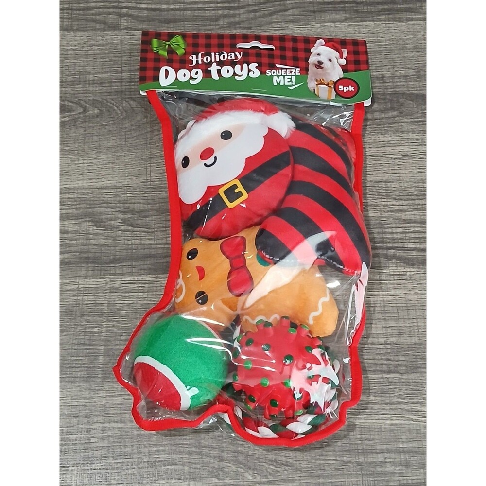 Holiday Dog Toys. 5 Pack Variety Of Squeaky/Chew Toys By Poppin Paws